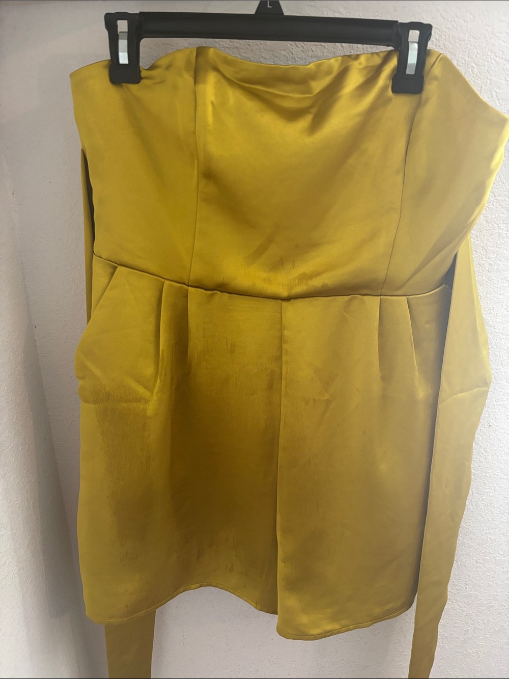 Express Strapless Satin Jumpsuit in Mustard Yellow